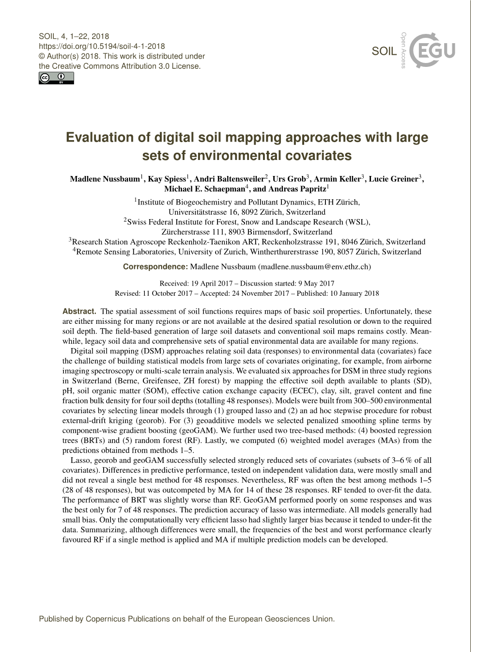 Evaluation of Digital Soil Mapping Approaches with Large Sets of Environmental Covariates