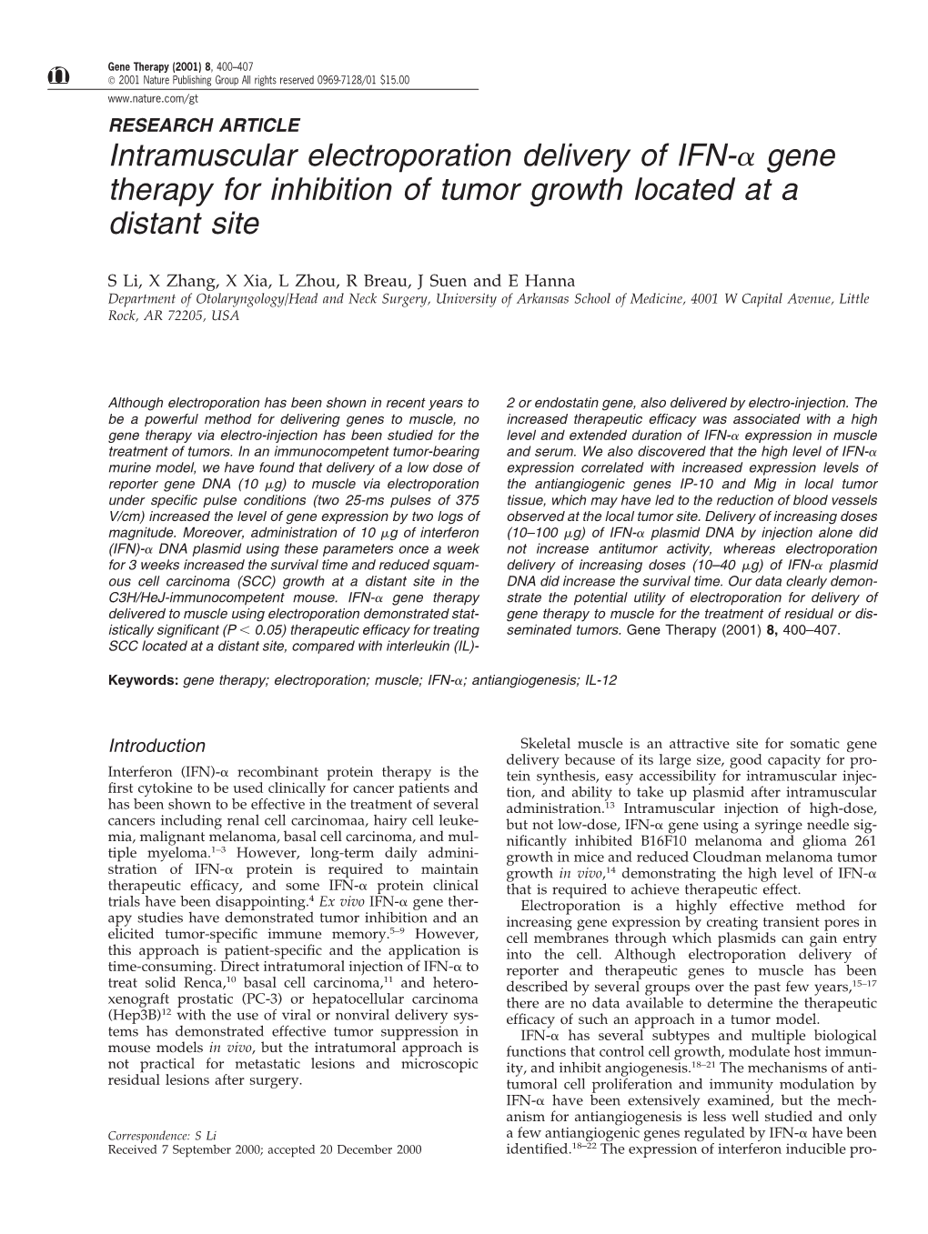 Intramuscular Electroporation Delivery of IFN- Gene Therapy for Inhibition of Tumor Growth Located at a Distant Site