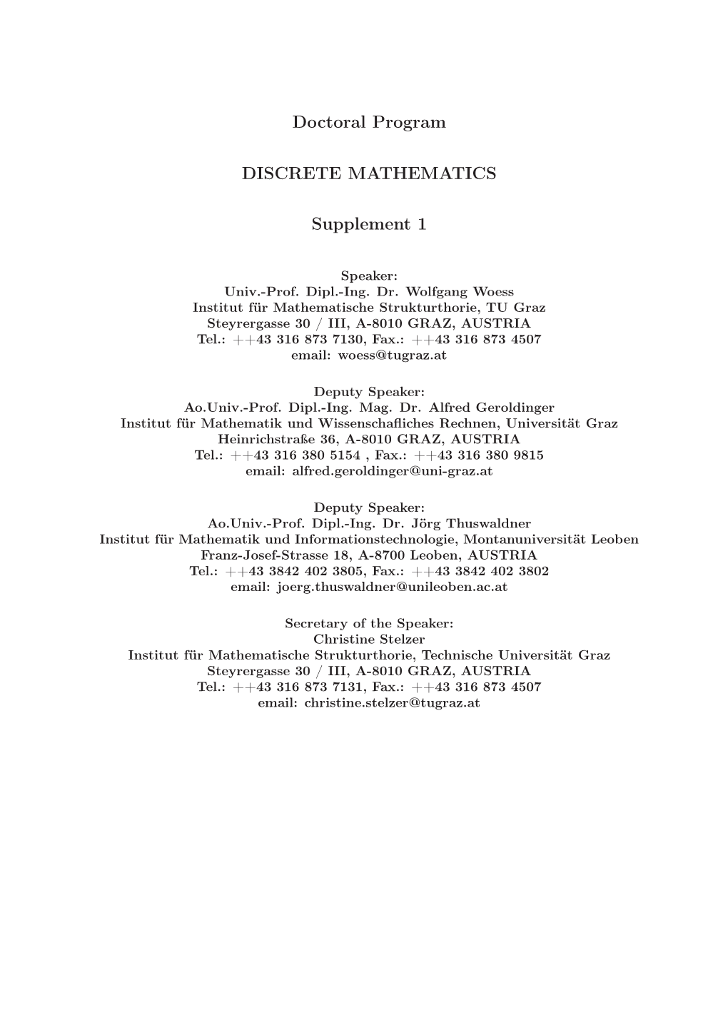 Doctoral Program DISCRETE MATHEMATICS Supplement 1