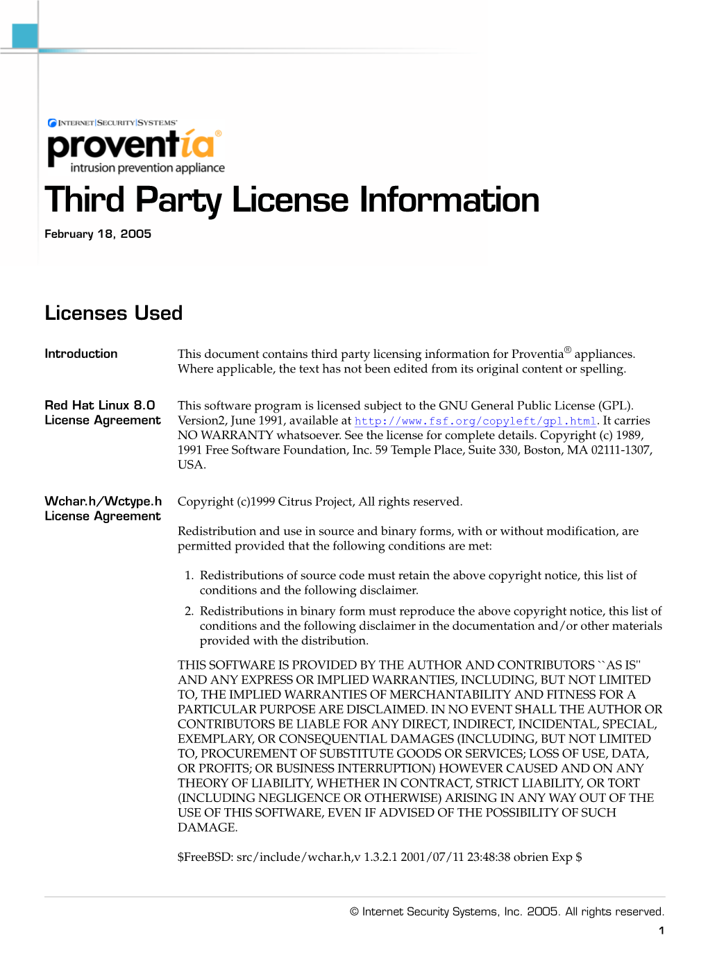 Third Party License Information February 18, 2005