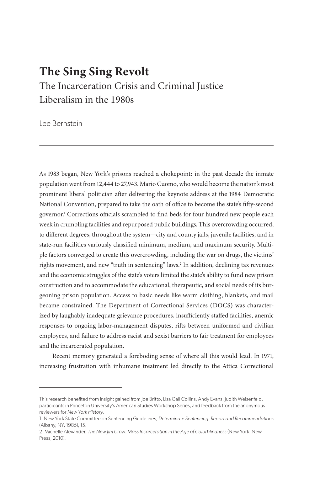 The Sing Sing Revolt the Incarceration Crisis and Criminal Justice Liberalism in the 1980S