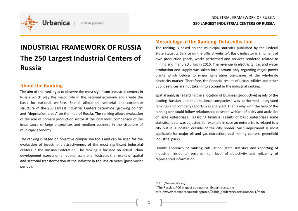 Industrial Framework of Russia. the 250 Largest Industrial Centers Of