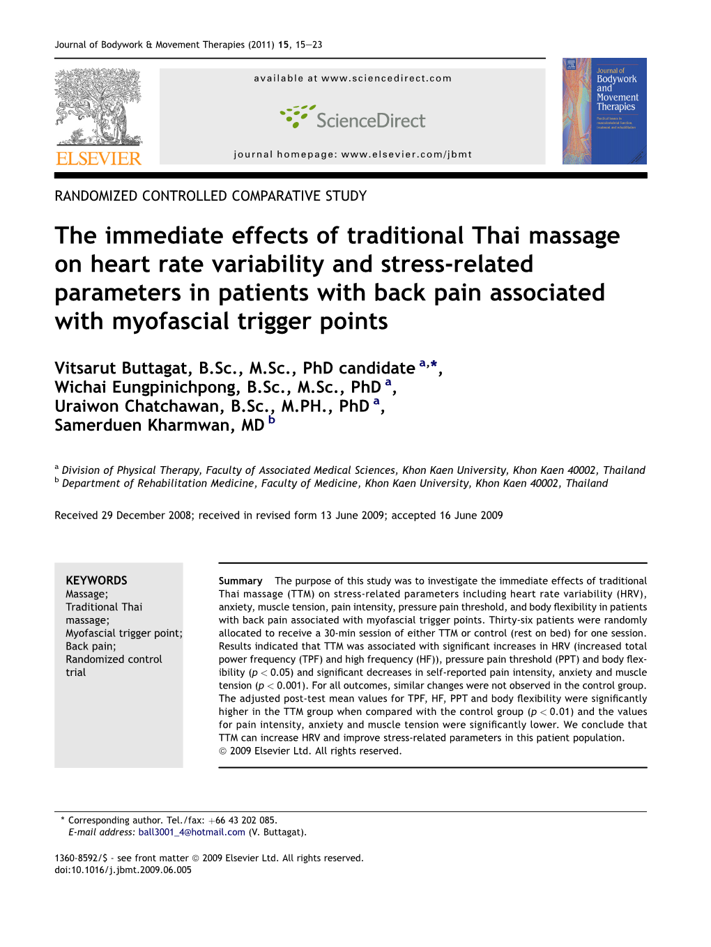 The Immediate Effects of Traditional Thai Massage on Heart Rate