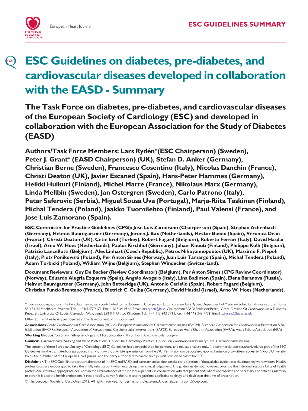 ESC Guidelines on Diabetes, Pre-Diabetes And