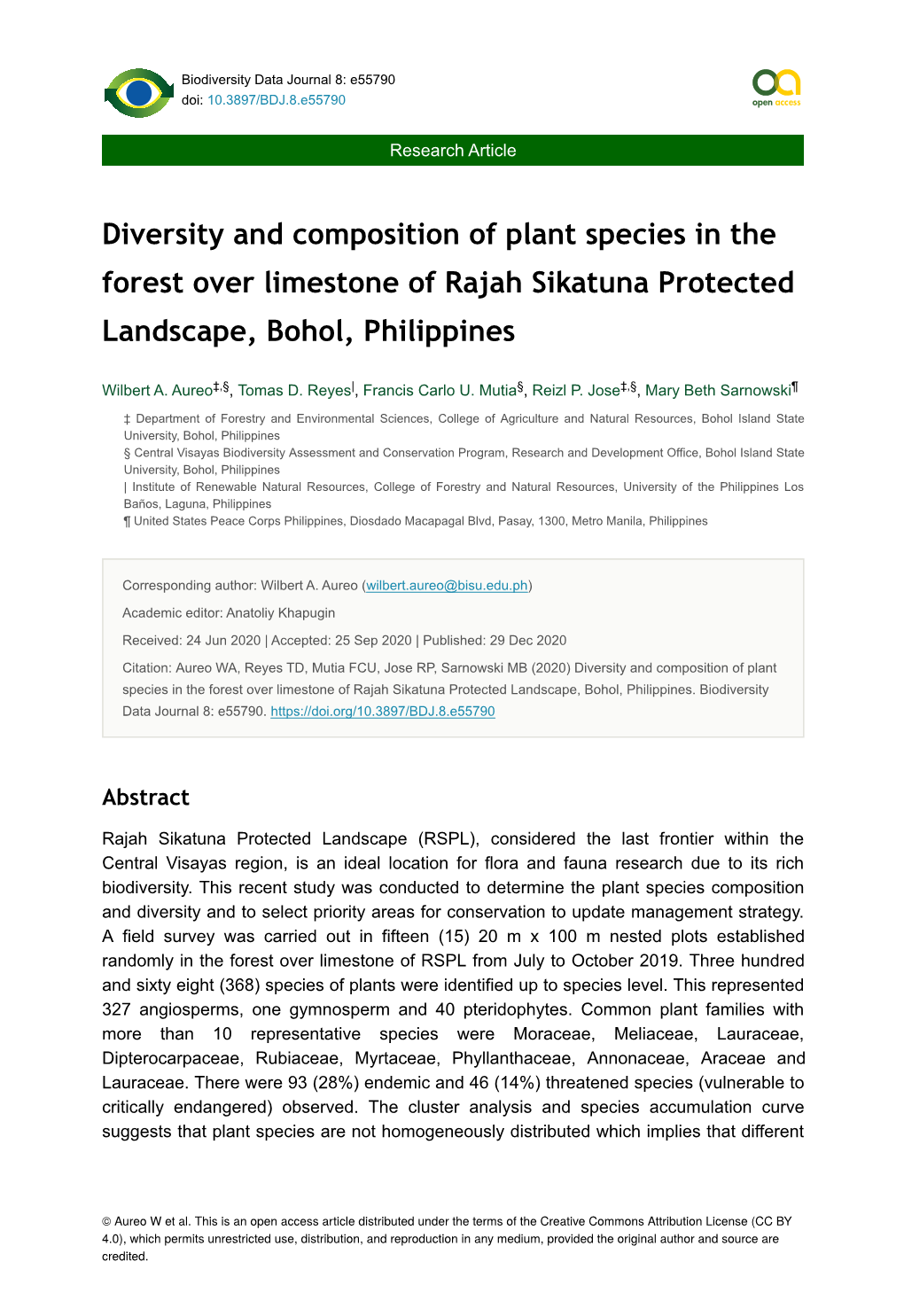 Diversity and Composition of Plant Species in the Forest Over Limestone of Rajah Sikatuna Protected Landscape, Bohol, Philippines