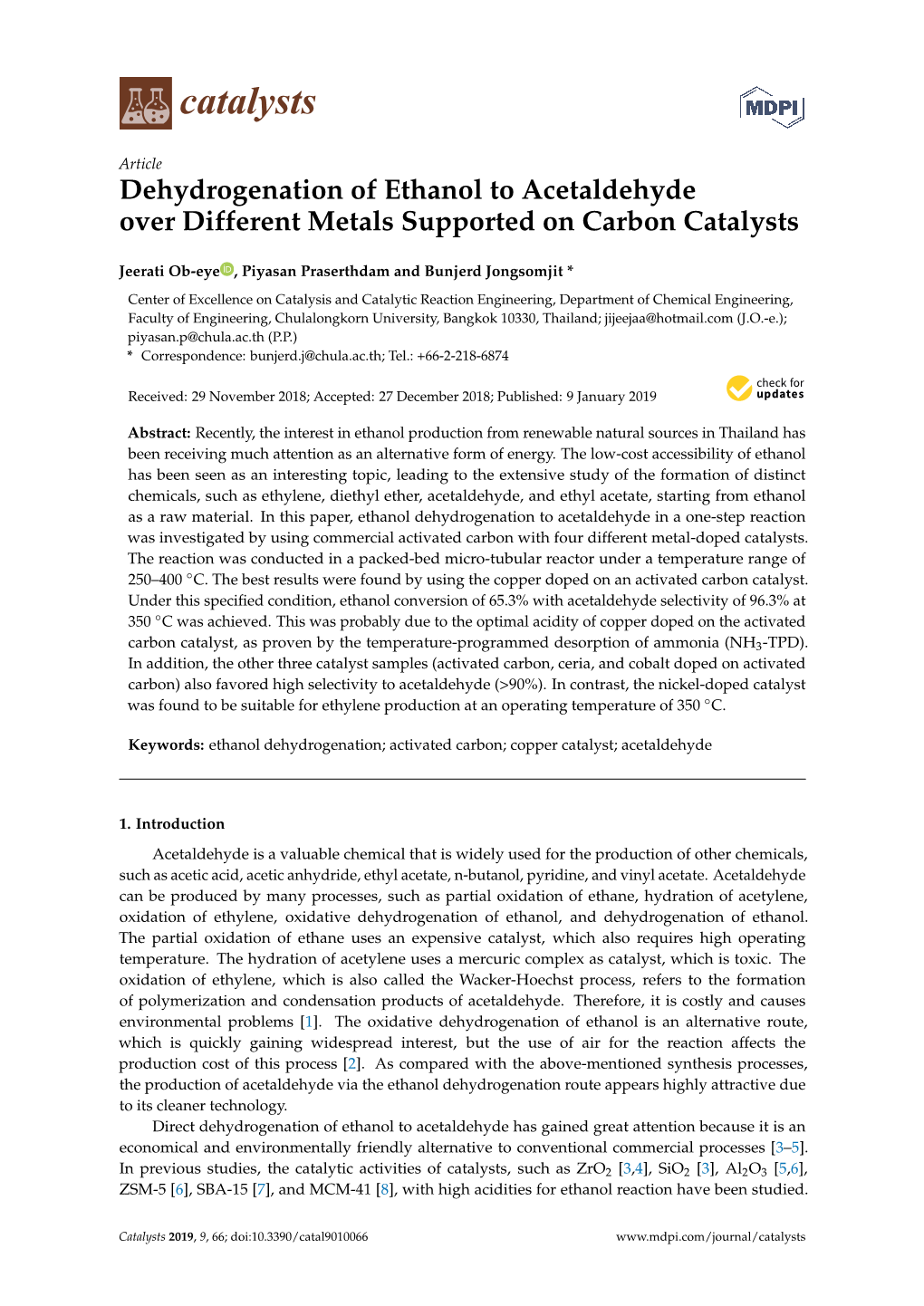 Dehydrogenation of Ethanol to Acetaldehyde Over Different Metals Supported on Carbon Catalysts