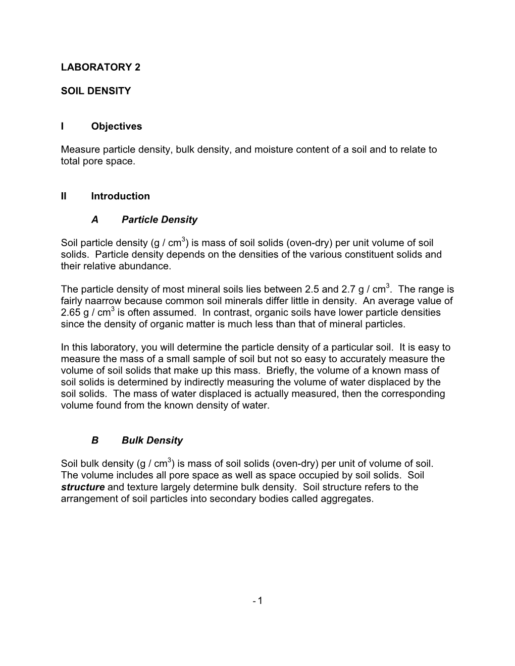 LABORATORY 2 SOIL DENSITY I Objectives Measure Particle Density