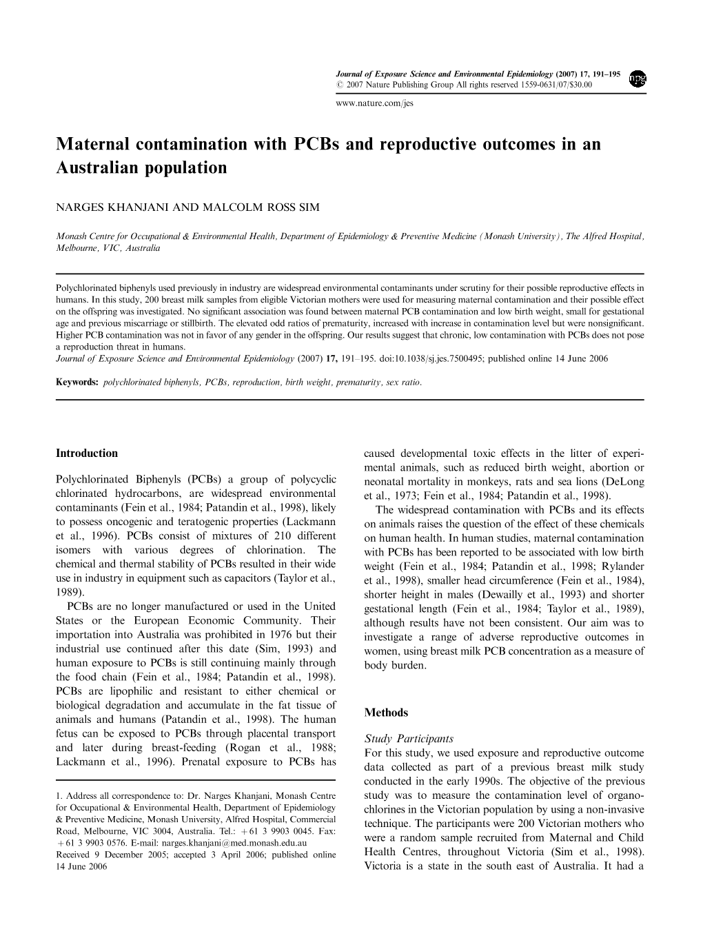 Maternal Contamination with Pcbs and Reproductive Outcomes in an Australian Population