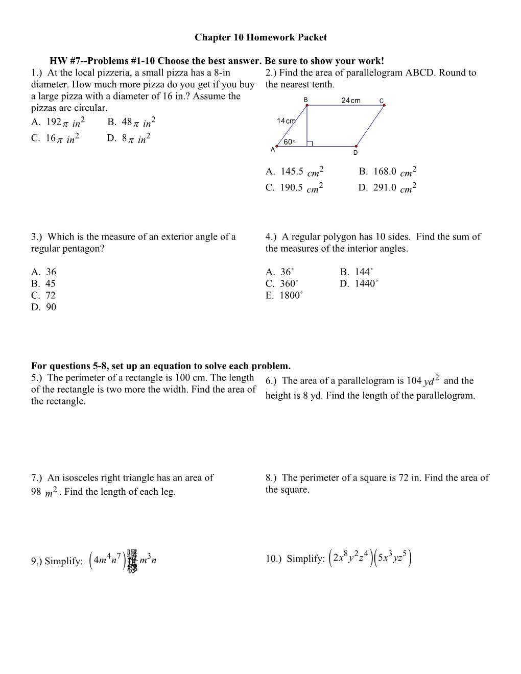 Chapter 10 Homework Packet