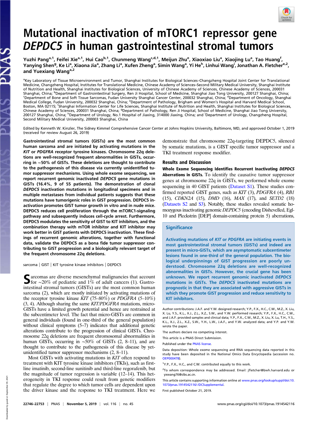 Mutational Inactivation of Mtorc1 Repressor Gene DEPDC5 in Human Gastrointestinal Stromal Tumors