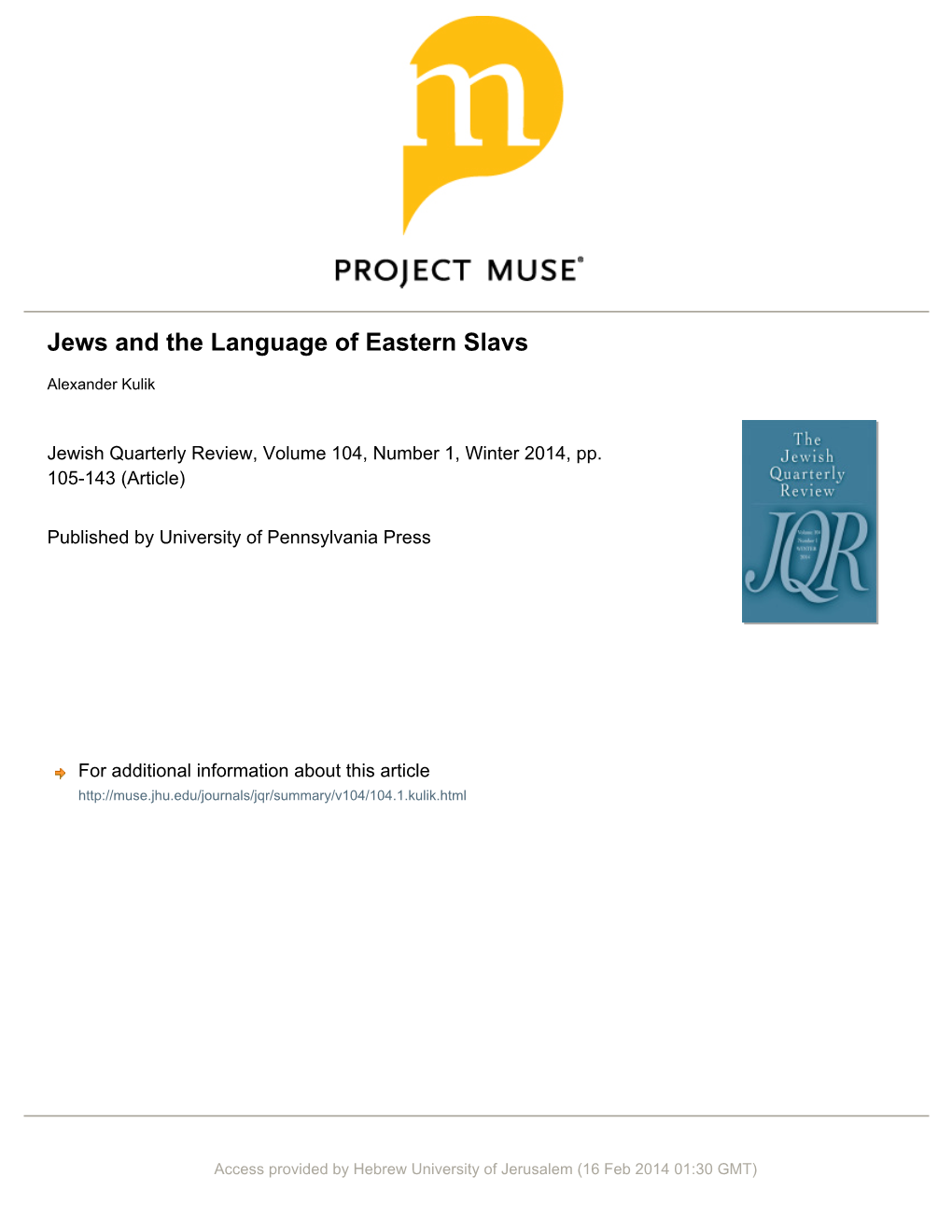 Jews and the Language of Eastern Slavs