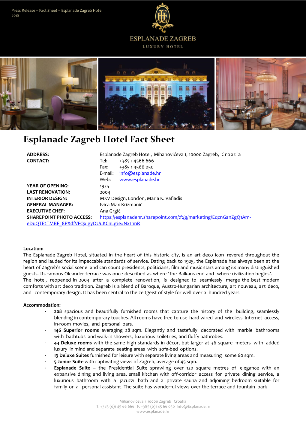 Esplanade Zagreb Hotel Fact Sheet