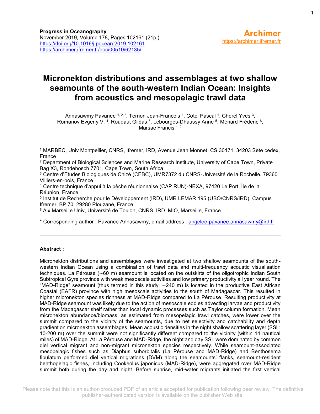 Micronekton Distributions and Assemblages at Two Shallow Seamounts of the South-Western Indian Ocean: Insights from Acoustics and Mesopelagic Trawl Data