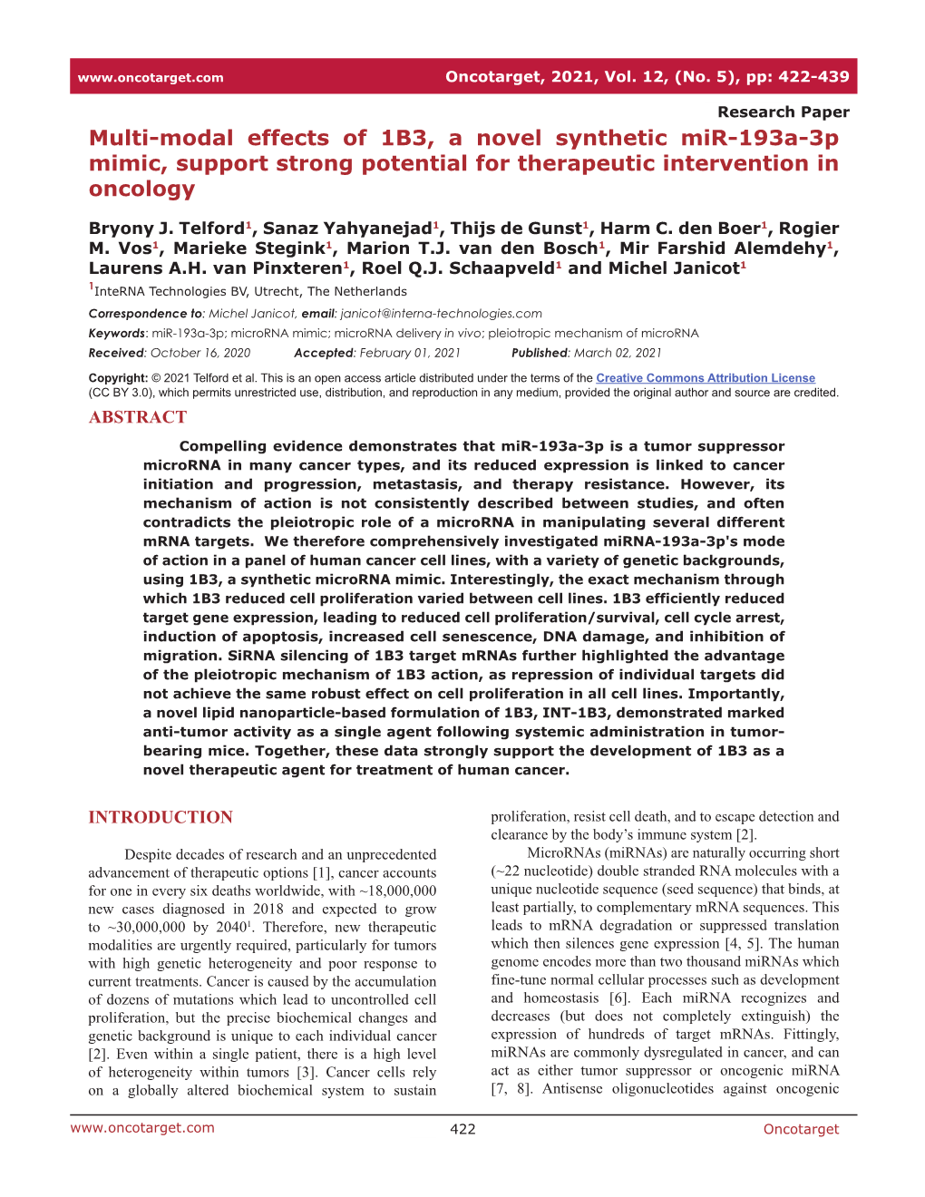 Multi-Modal Effects of 1B3, a Novel Synthetic Mir-193A-3P Mimic, Support Strong Potential for Therapeutic Intervention in Oncology