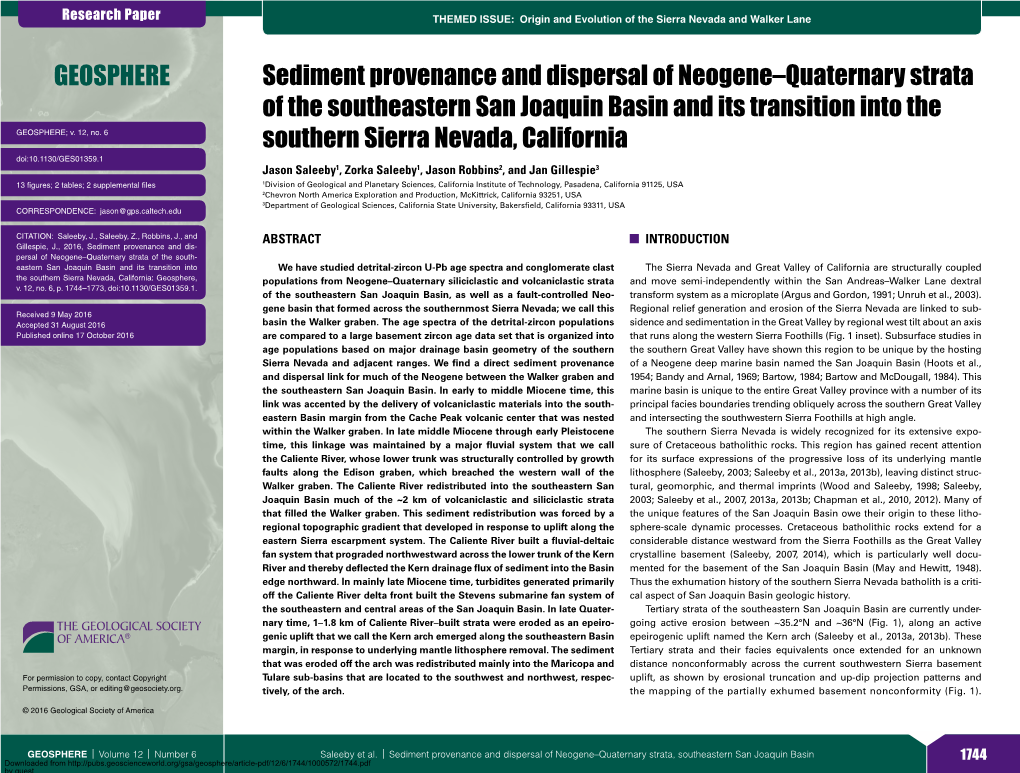 Sediment Provenance and Dispersal of Neogene–Quaternary Strata of the Southeastern San Joaquin Basin and Its Transition Into the GEOSPHERE; V