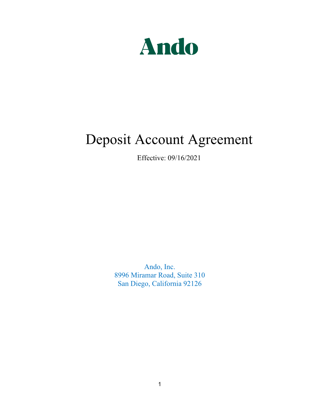 Deposit Account Agreement Effective: 09/16/2021