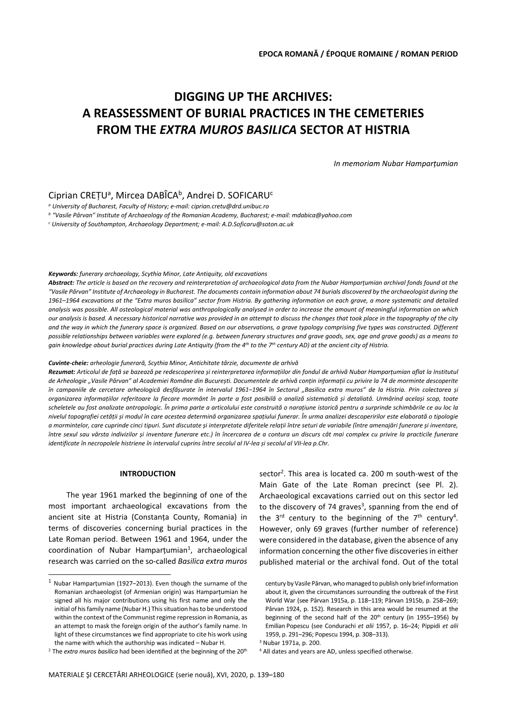 Digging up the Archives: a Reassessment of Burial Practices in the Cemeteries from the Extra Muros Basilica Sector at Histria