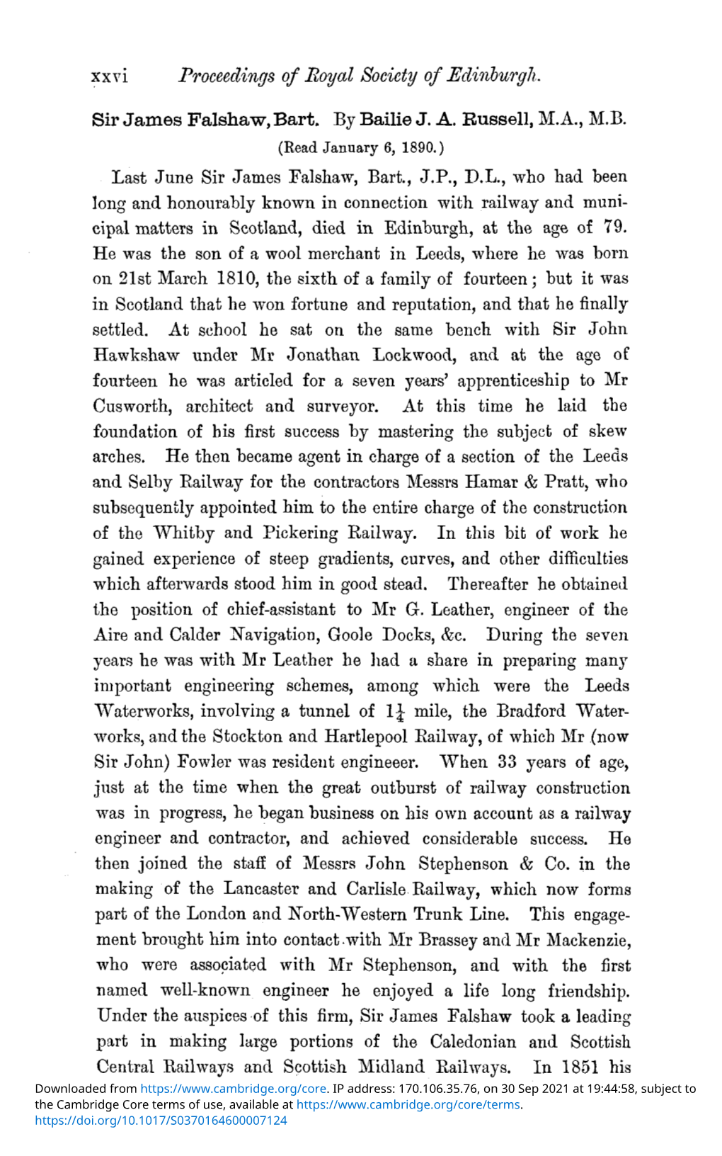 Xxvi Proceedings of Royal Society of Edinburgh. Sir James Falshaw, Bart. by Bailie J. A. Russell, M.A., M.B. Last June Sir James