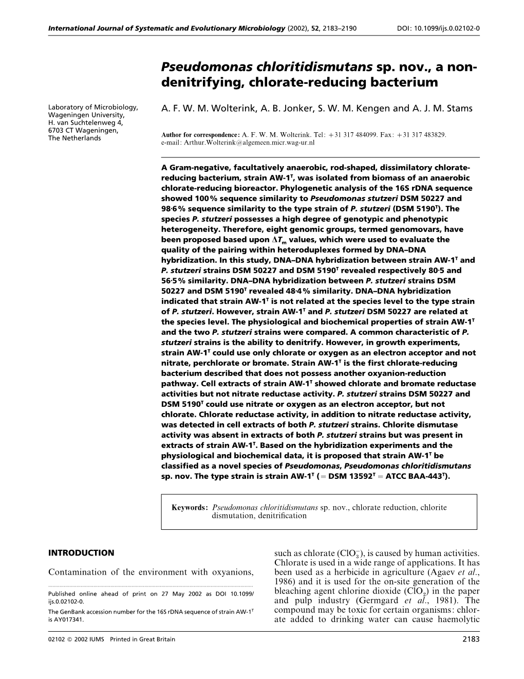 Pseudomonas Chloritidismutans Sp. Nov., a Non- Denitrifying, Chlorate-Reducing Bacterium