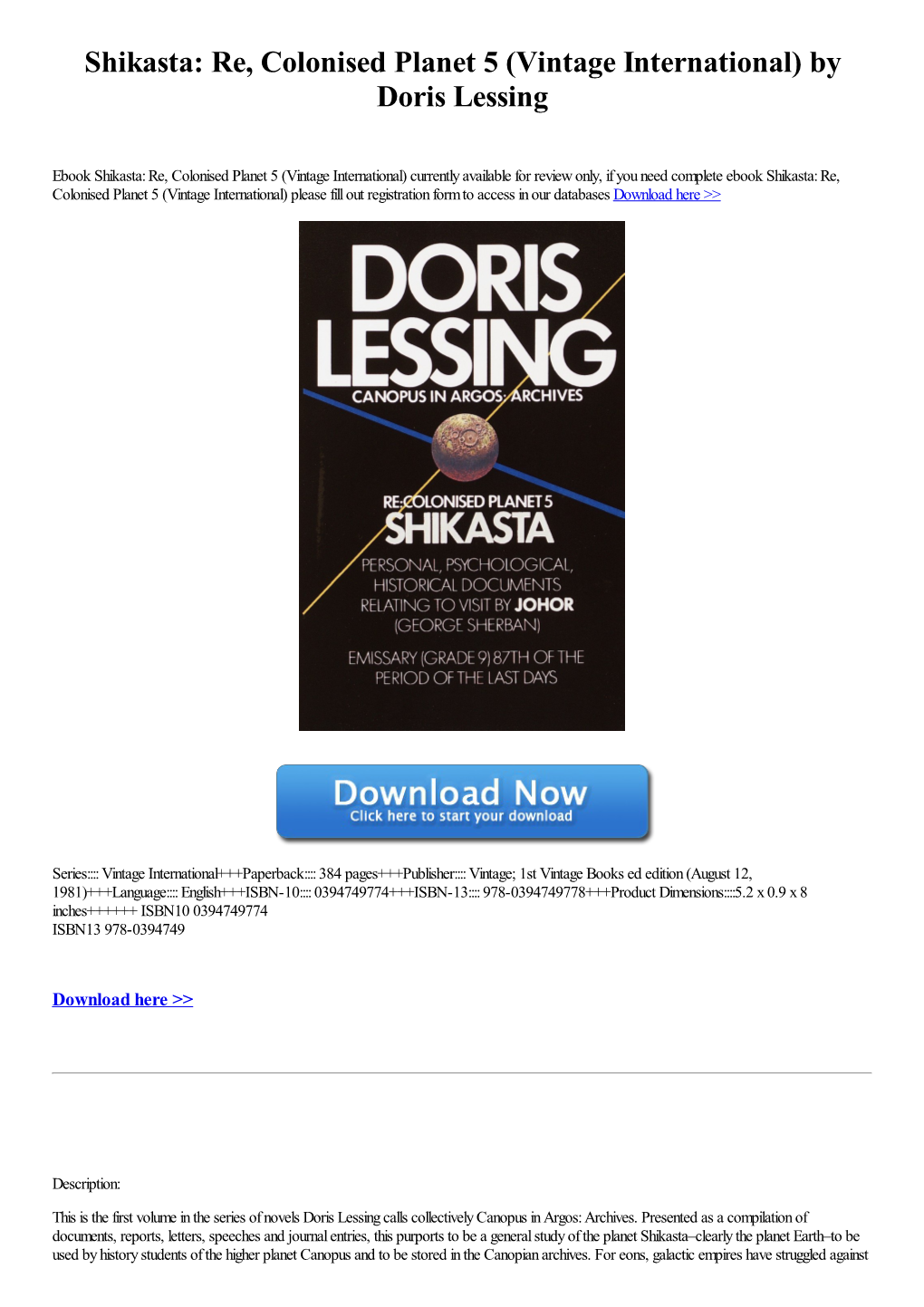 Shikasta: Re, Colonised Planet 5 (Vintage International) by Doris Lessing