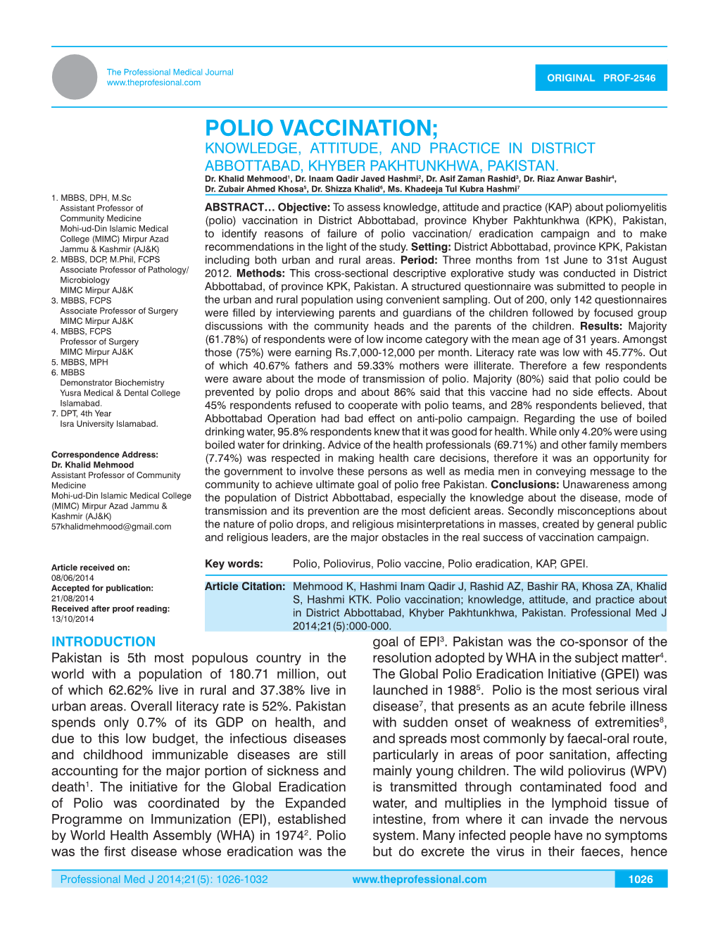 Polio Vaccination; Knowledge, Attitude, and Practice in District Abbottabad, Khyber Pakhtunkhwa, Pakistan