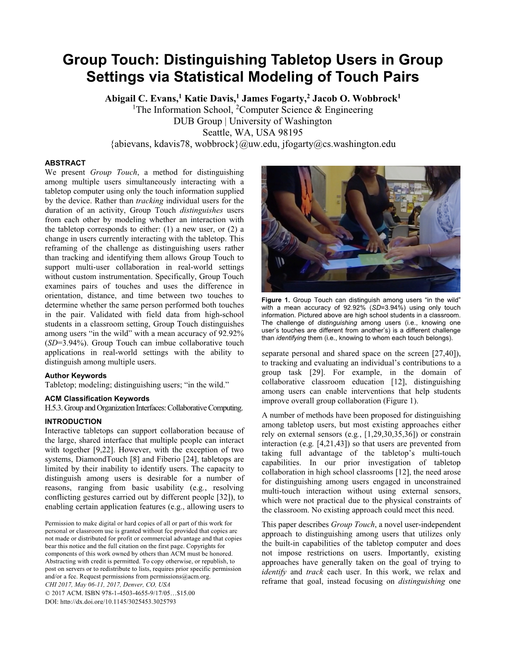 Group Touch: Distinguishing Tabletop Users in Group Settings Via Statistical Modeling of Touch Pairs Abigail C