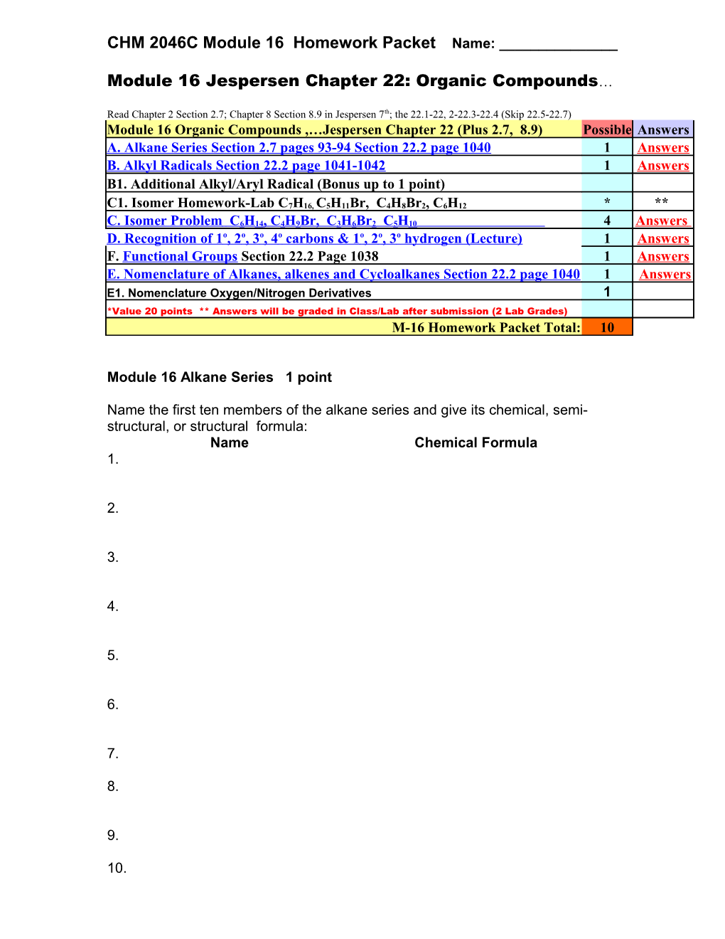 CHM 2046C Module 16 Homework Packet Name: ______