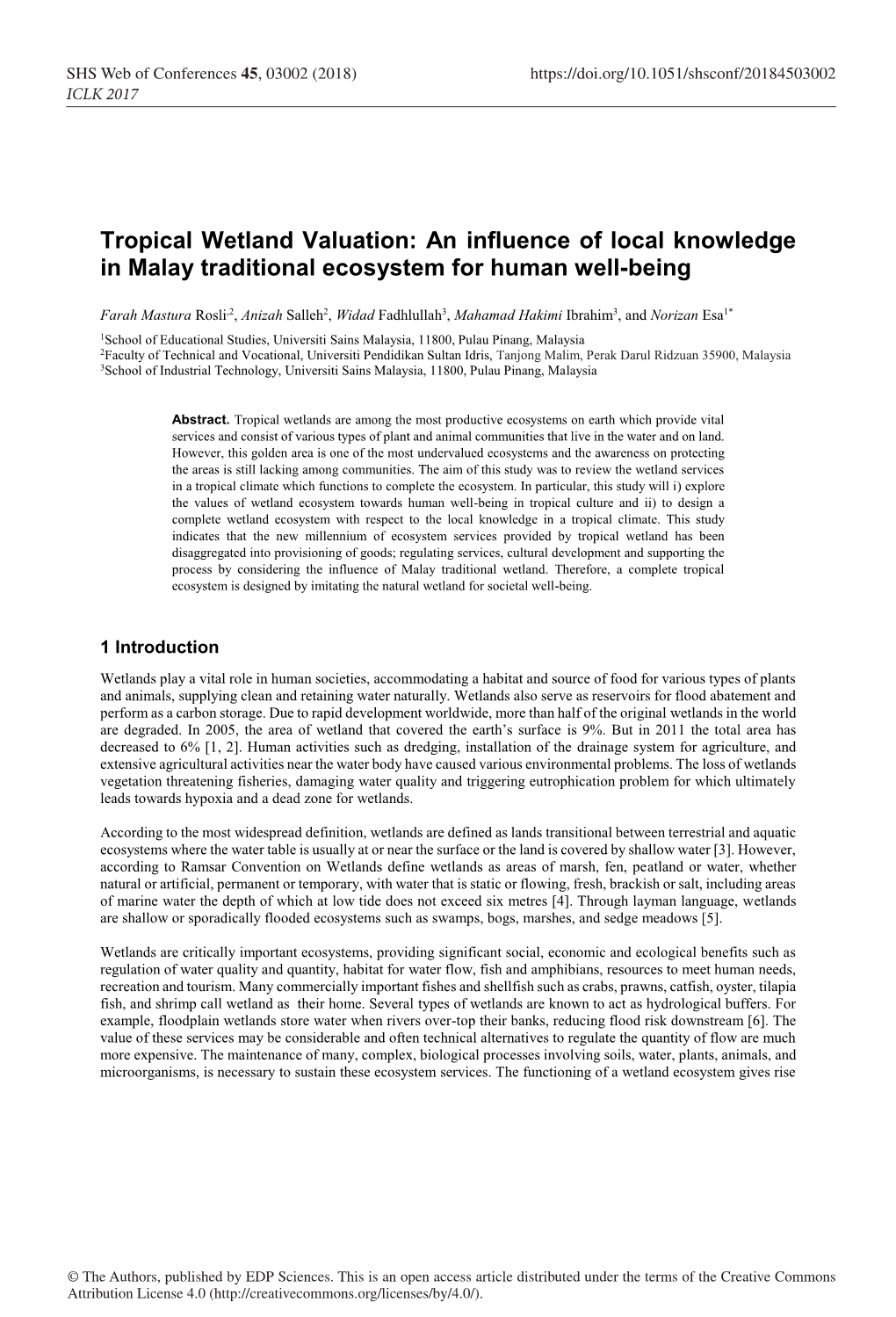 Tropical Wetland Valuation: an Influence of Local Knowledge in Malay Traditional Ecosystem for Human Well-Being