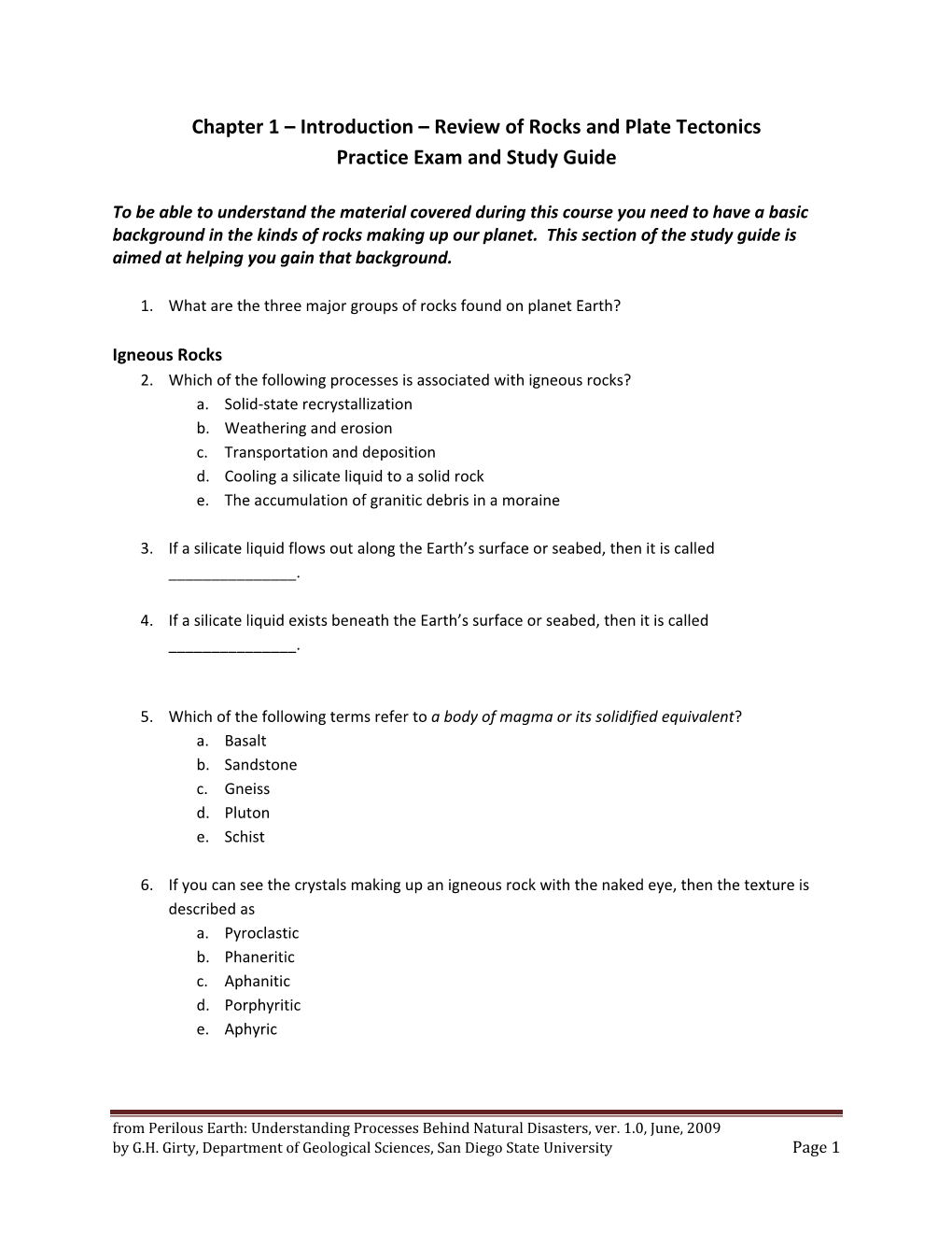 Chapter 1 – Introduction – Review of Rocks and Plate Tectonics Practice Exam and Study Guide