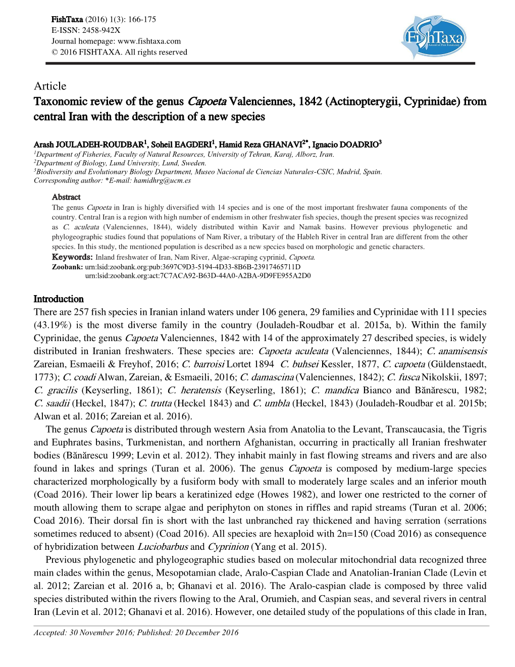 Article Taxonomic Review of the Genus Capoeta Valenciennes, 1842 (Actinopterygii, Cyprinidae) from Central Iran with the Description of a New Species