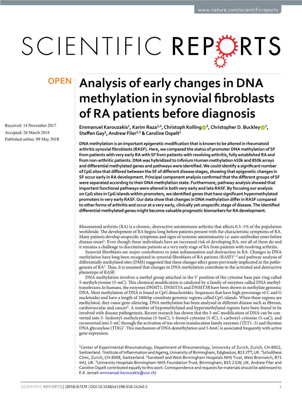 Analysis of Early Changes in DNA Methylation in Synovial Fibroblasts