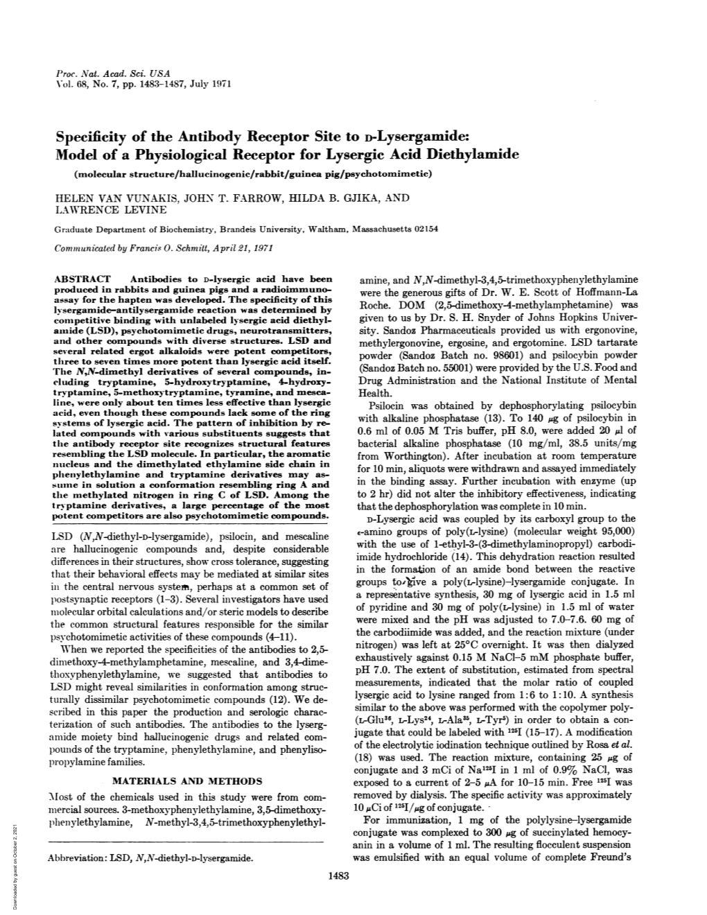 Specificity of the Antibody Receptor Site to D-Lysergamide