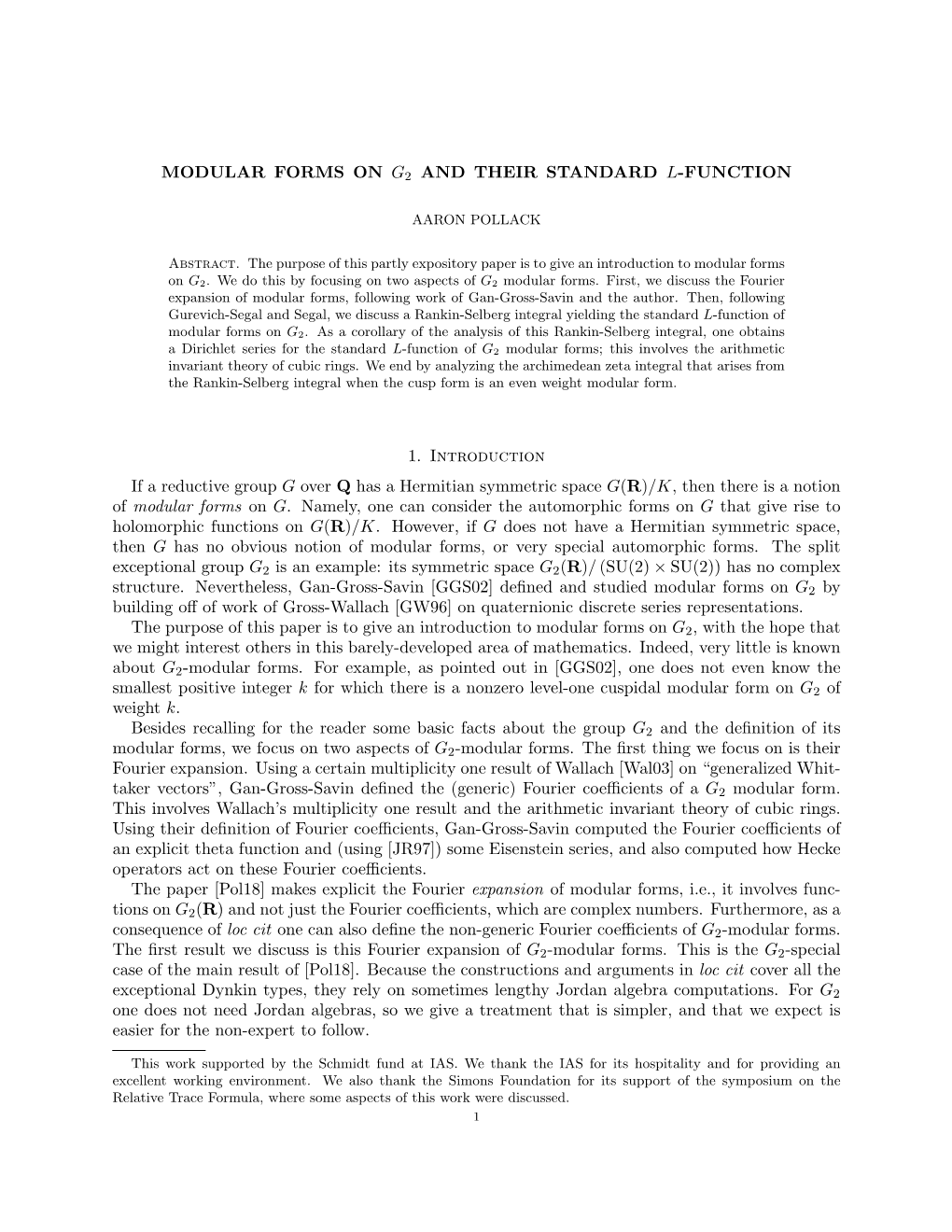 Modular Forms on G 2 and Their Standard L-Function