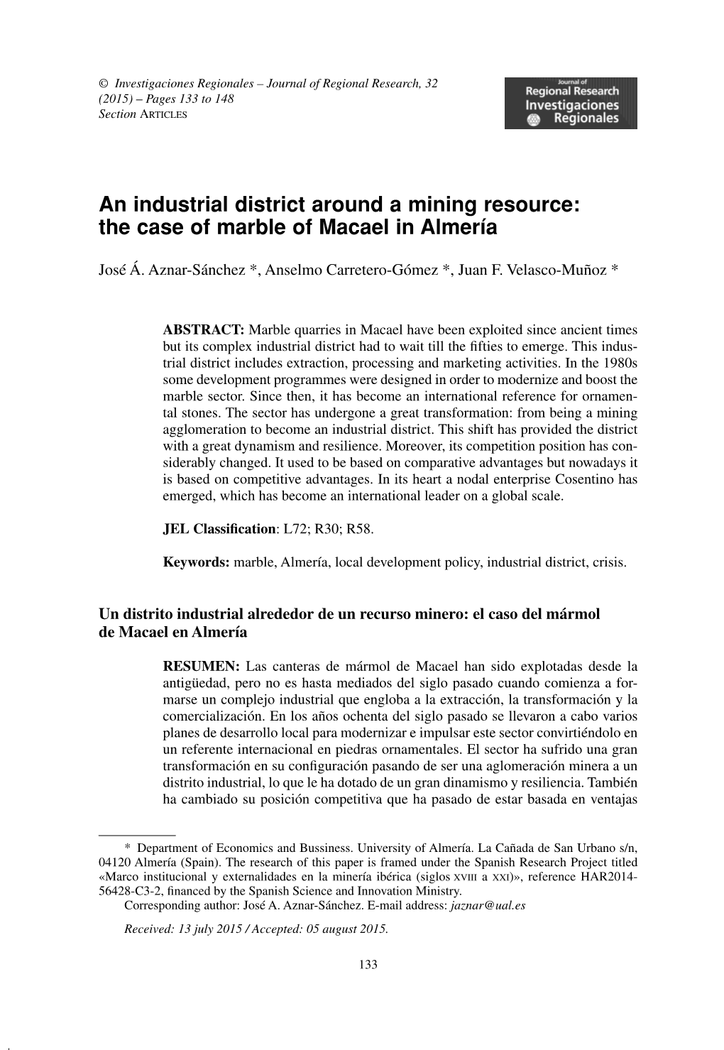 An Industrial District Around a Mining Resource: the Case of Marble of Macael in Almería