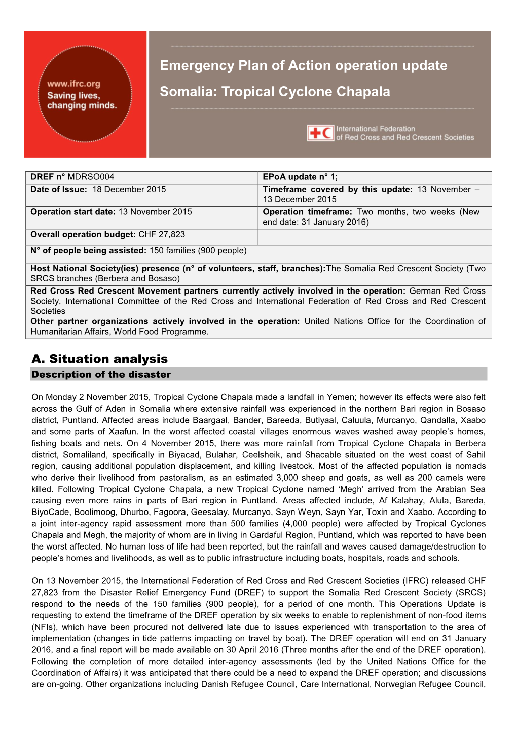 Emergency Plan of Action Operation Update Somalia: Tropical Cyclone Chapala