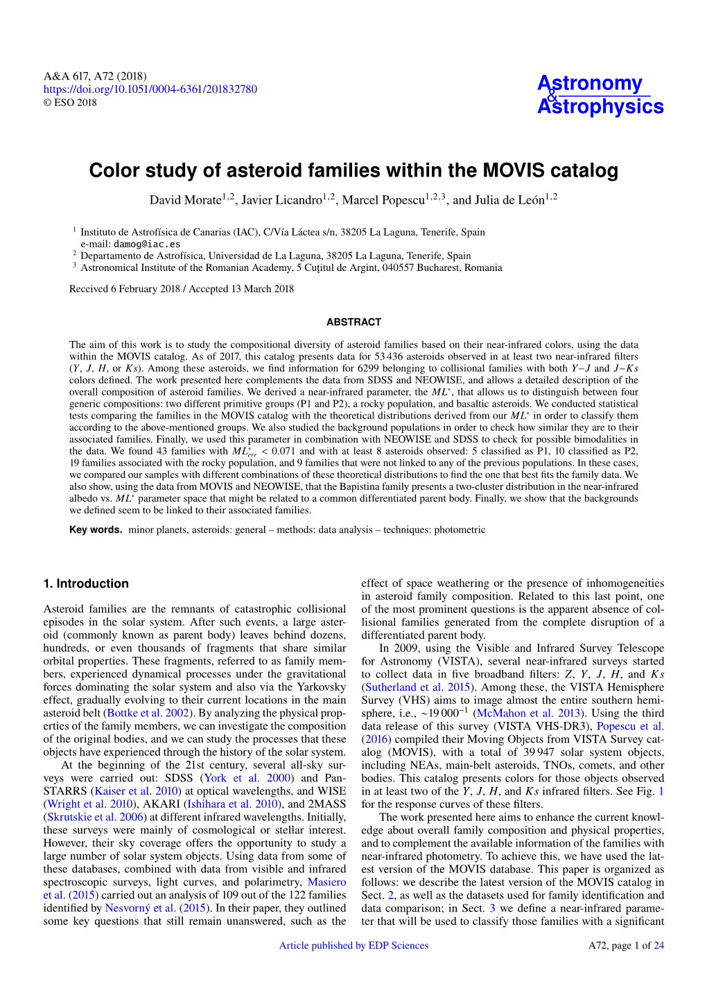 Color Study of Asteroid Families Within the MOVIS Catalog David Morate1,2, Javier Licandro1,2, Marcel Popescu1,2,3, and Julia De León1,2