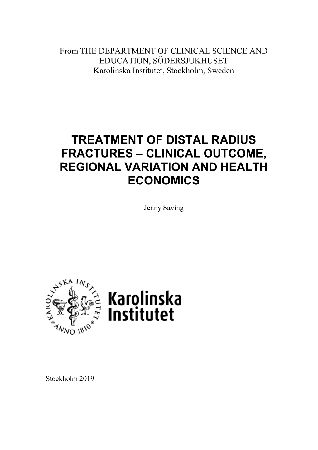 Treatment of Distal Radius Fractures – Clinical Outcome, Regional Variation and Health Economics