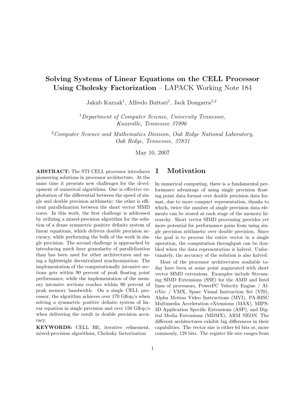 Solving Systems of Linear Equations on the CELL Processor Using Cholesky Factorization – LAPACK Working Note 184