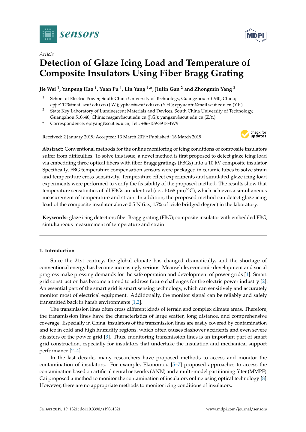Detection of Glaze Icing Load and Temperature of Composite Insulators Using Fiber Bragg Grating