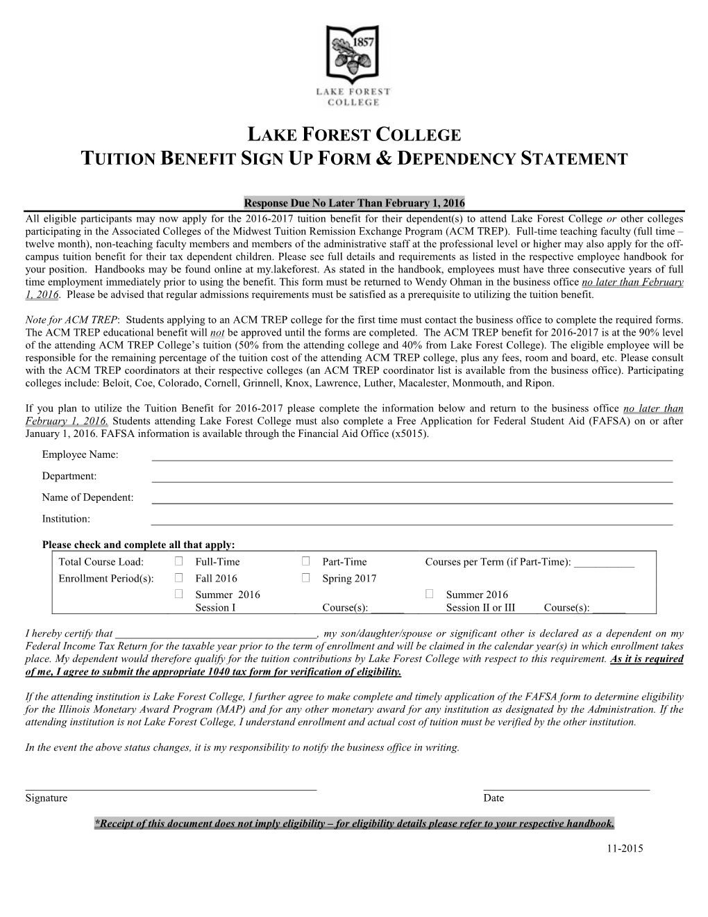 Lake Forest College Tuition Benefit Sign up Form & Dependency Statement