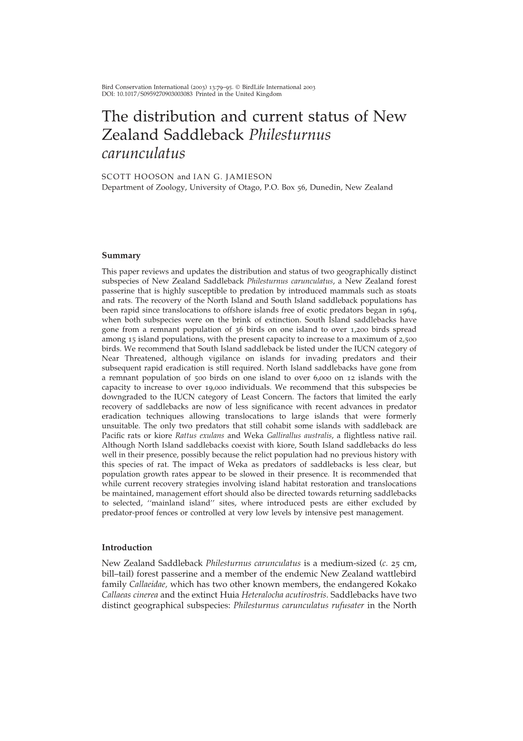 The Distribution and Current Status of New Zealand Saddleback Philesturnus Carunculatus