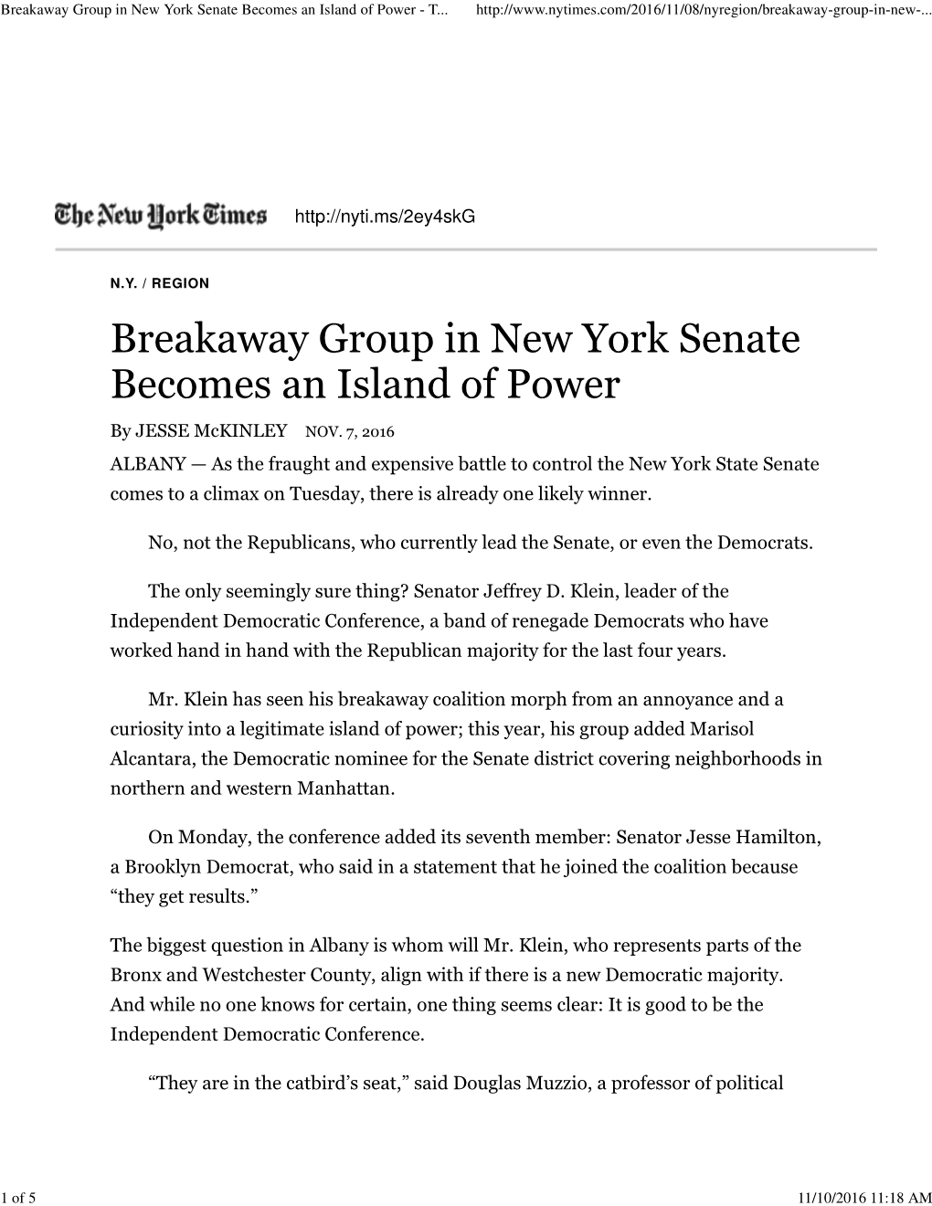Breakaway Group in New York Senate Becomes an Island of Power - T