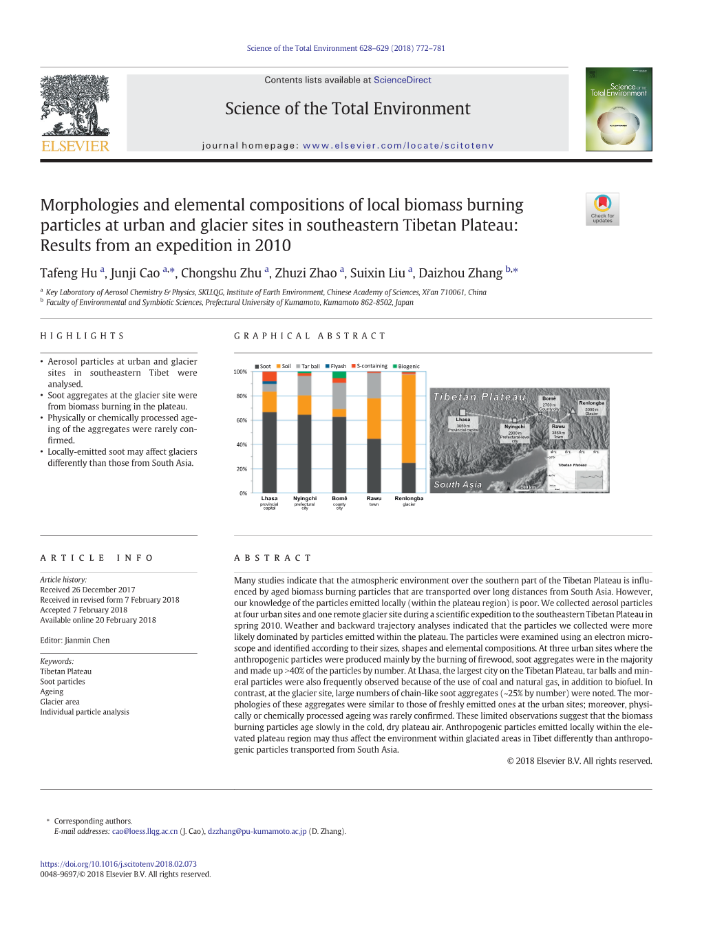 Morphologies and Elemental Compositions of Local Biomass Burning Particles at Urban and Glacier Sites in Southeastern Tibetan Plateau: Resultsfromanexpeditionin2010