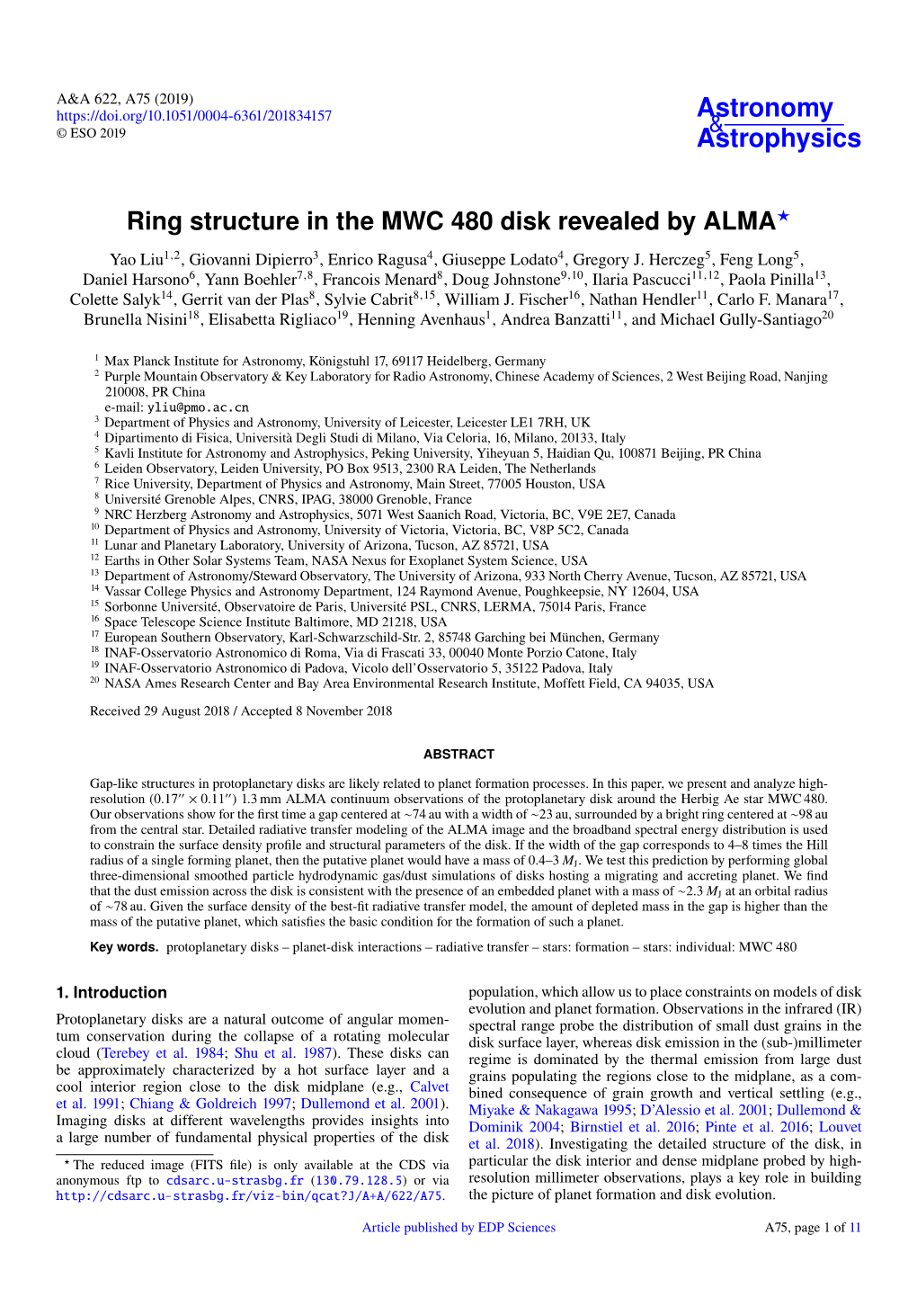 Ring Structure in the MWC 480 Disk Revealed by ALMA? Yao Liu1,2, Giovanni Dipierro3, Enrico Ragusa4, Giuseppe Lodato4, Gregory J