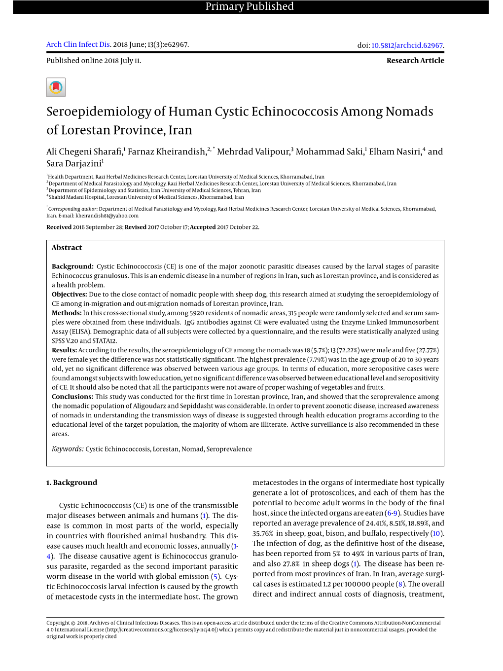 Seroepidemiology of Human Cystic Echinococcosis Among Nomads of Lorestan Province, Iran