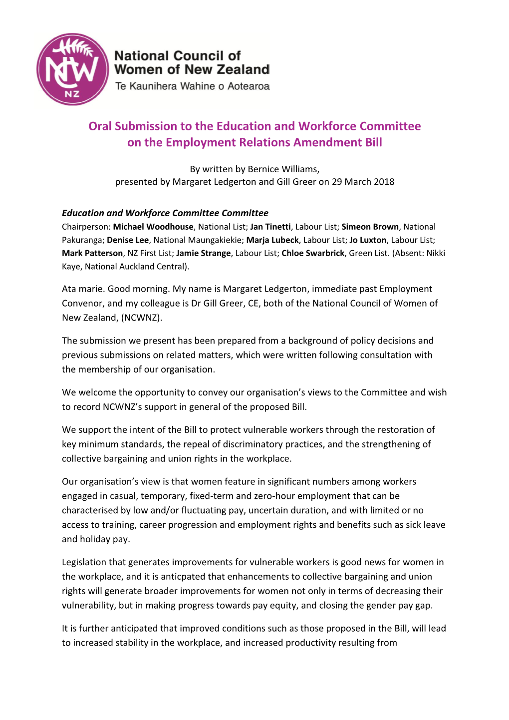 Oral Submission to the Education and Workforce Committee on the Employment Relations Amendment Bill
