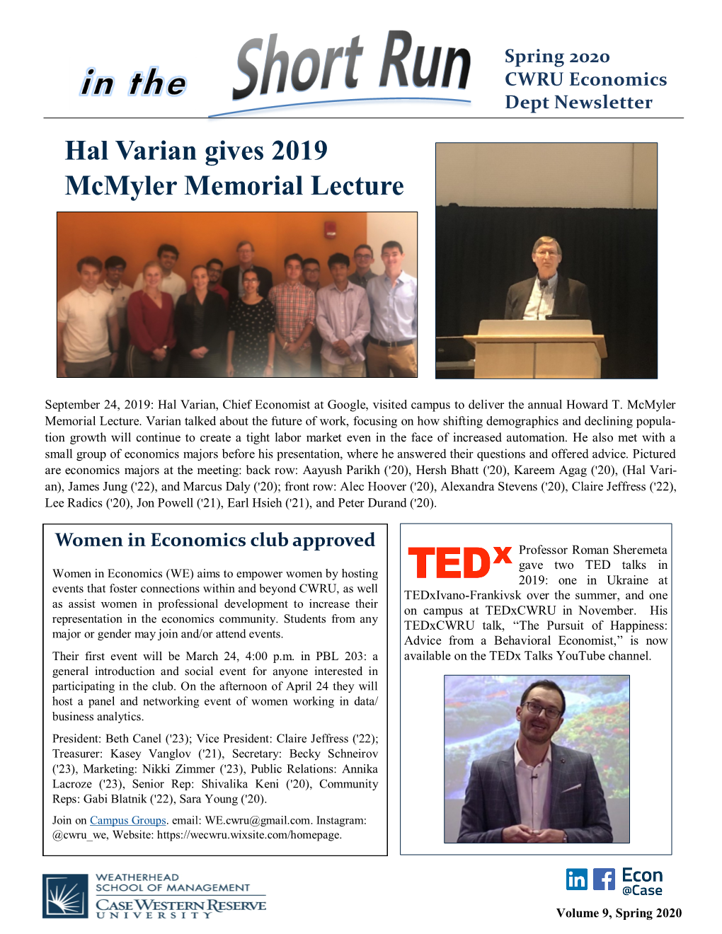 Spring 2020 CWRU Economics Dept Newsletter