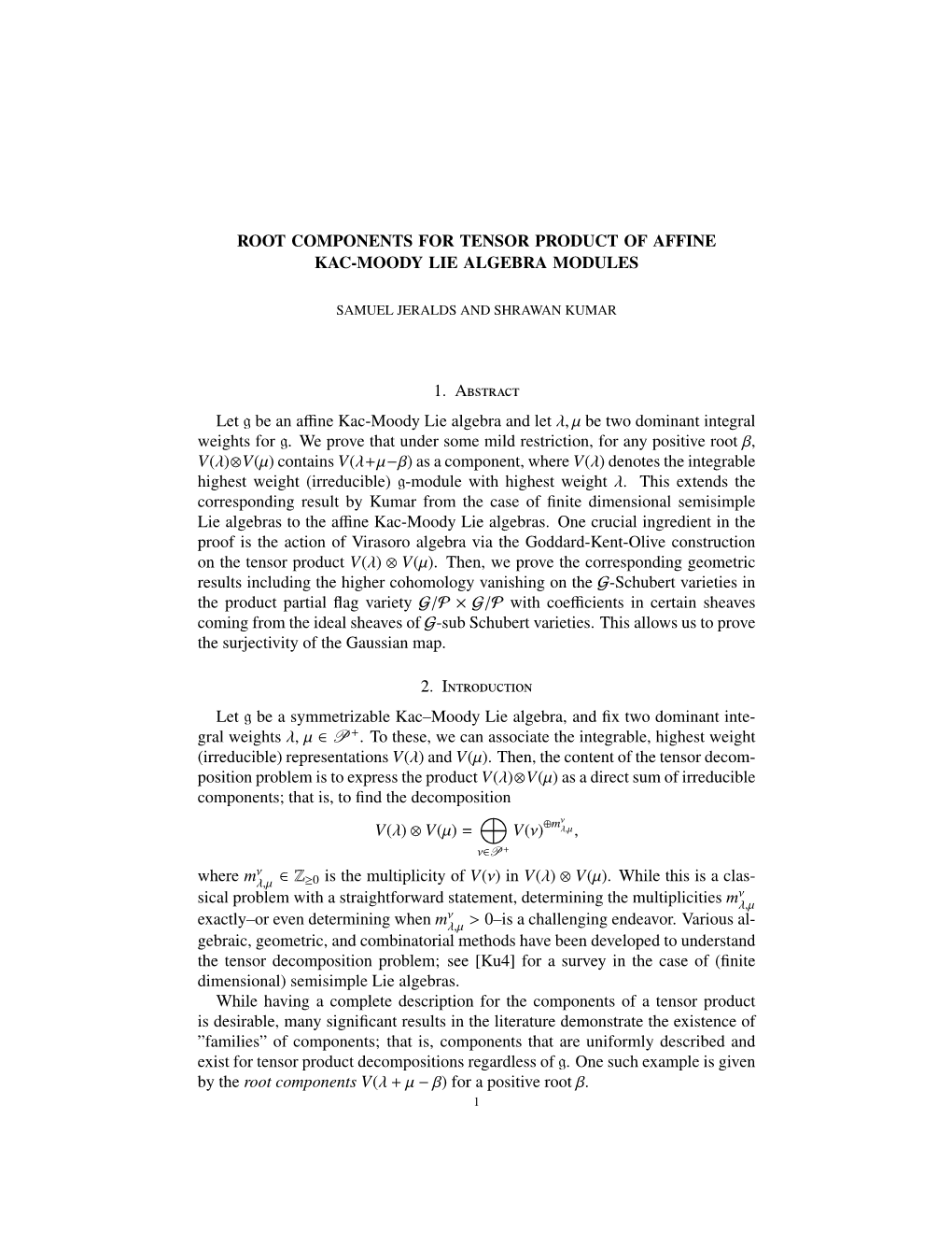 Root Components for Tensor Product of Affine Kac-Moody Lie Algebra Modules