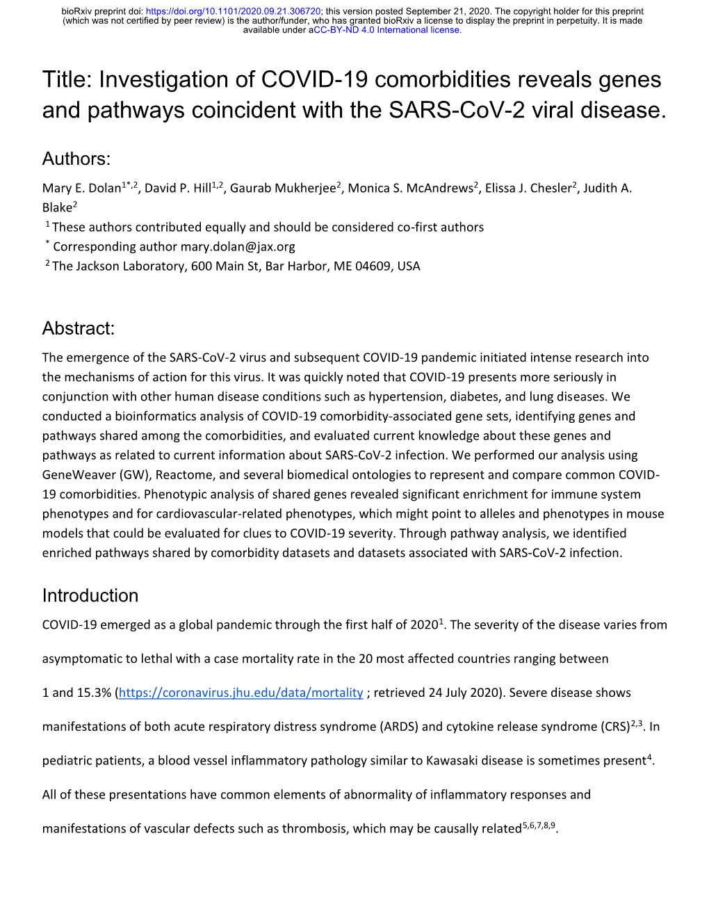 Investigation of COVID-19 Comorbidities Reveals Genes and Pathways Coincident with the SARS-Cov-2 Viral Disease