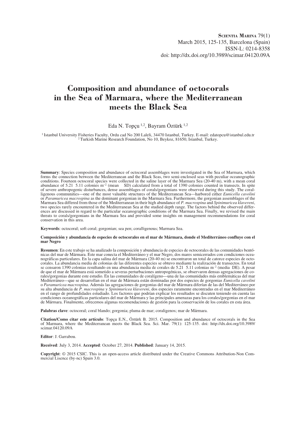 Composition and Abundance of Octocorals in the Sea of Marmara, Where the Mediterranean Meets the Black Sea